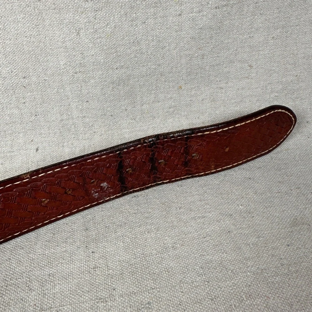 Cabelas Mens 32 Brown Basketweave Tooled Leather Belt Solid Brass Buckle Western